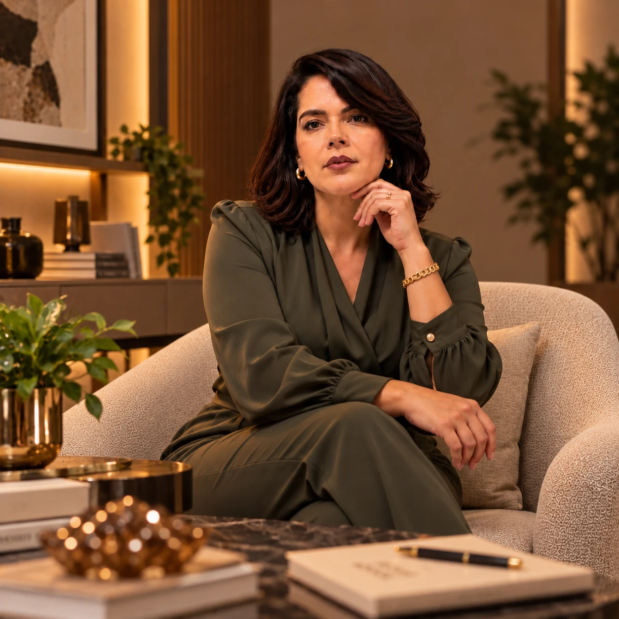 Karla Krigare sentada em uma poltrona no consultório